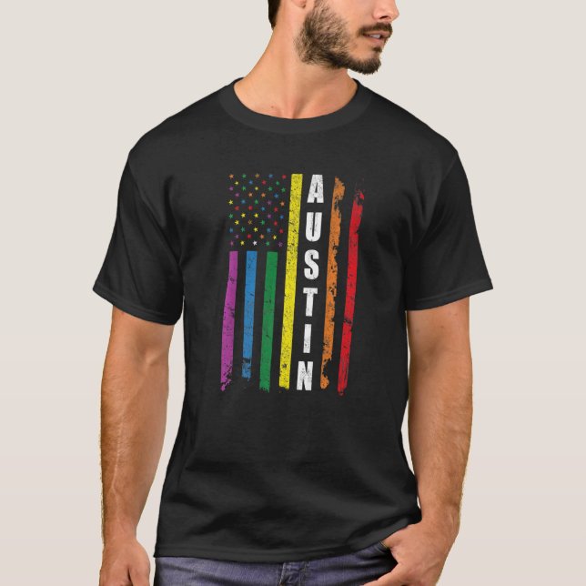 Austin Texas Us American Flagga Rainbow Gay Lgbt P T Shirt (Framsida)