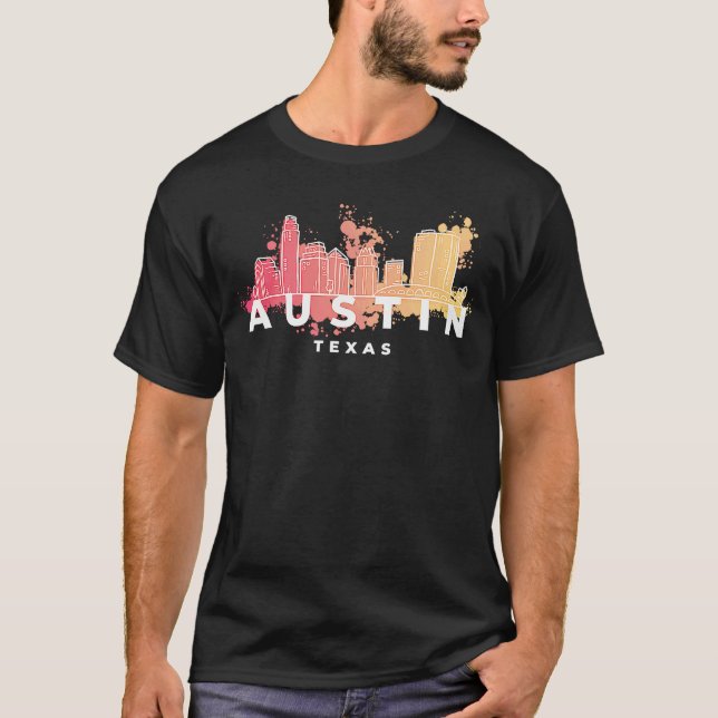 Austin Texas USA City Skyline Silhouette Outline S T Shirt (Framsida)