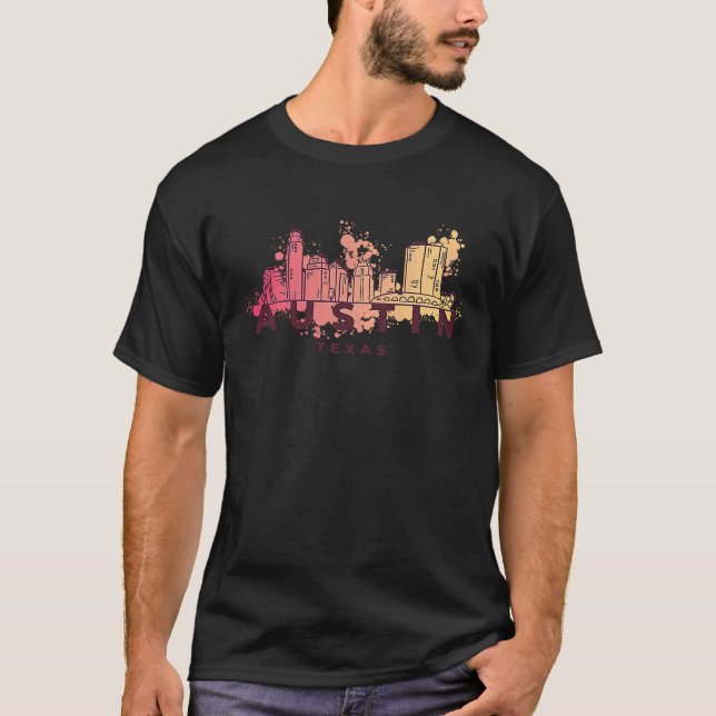 Austin Texas USA City Skyline Silhouette Outline S T Shirt (Framsida)