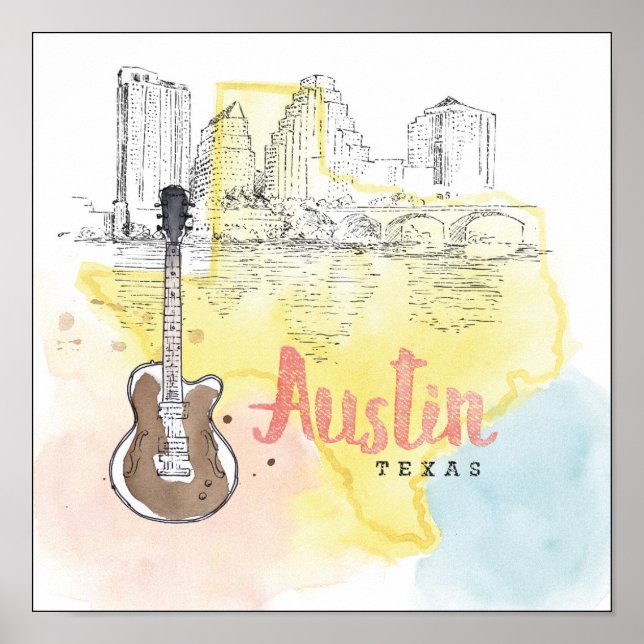 Austin,Texas | Vattenfärgsskiss Poster (Framsidan)