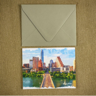 Austin Texas Vintage resor City Watercolor Vykort