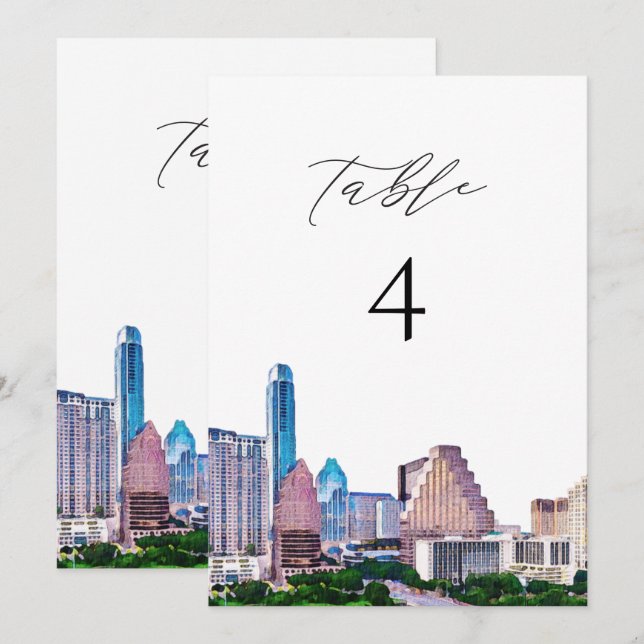 AUSTIN Texas Watercolor Skyline Bordsnummer Card (Fram/baksida)