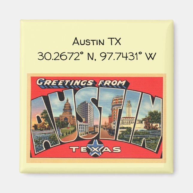 Austin TX Karta samordnar Vintage Stil Magnet (Framsidan)