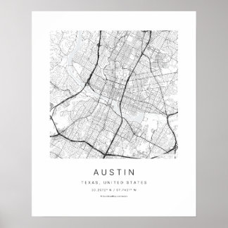 Austin TX Minimalistisk Stadskarta Konsttryck Poster