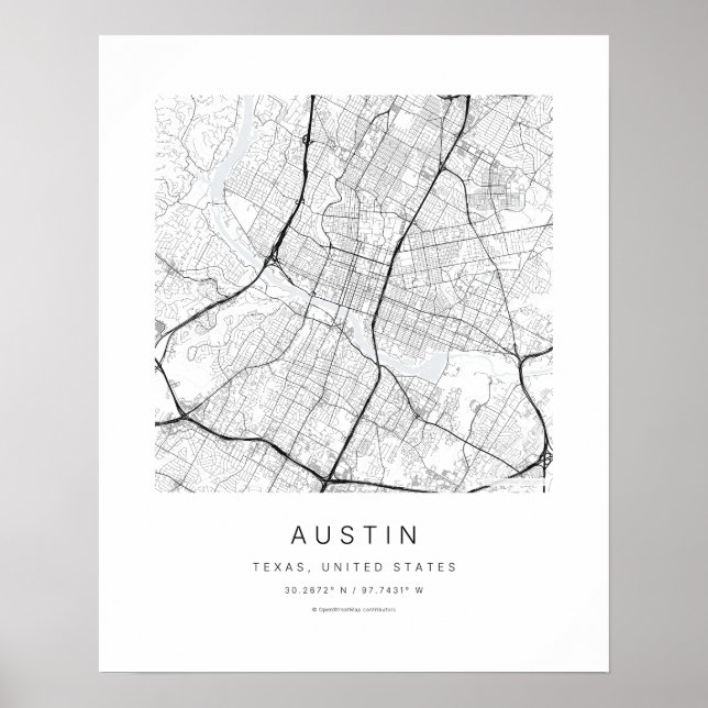 Austin TX Minimalistisk Stadskarta Konsttryck Poster (Framsidan)