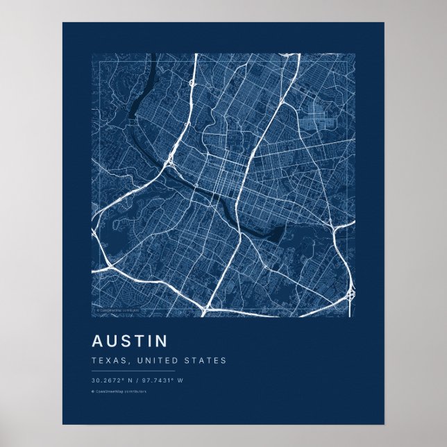 Austin TX Stadskarta Tryck — Ritning Gatukarta Vat (Framsidan)