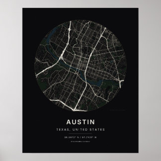 Austin TX Svart Stadskarta Konsttryck Poster
