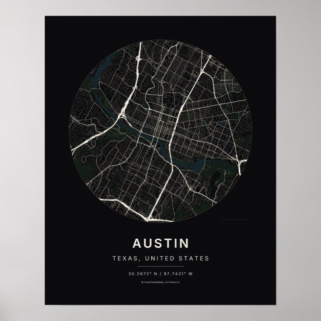 Austin TX Svart Stadskarta Konsttryck Poster (Framsidan)