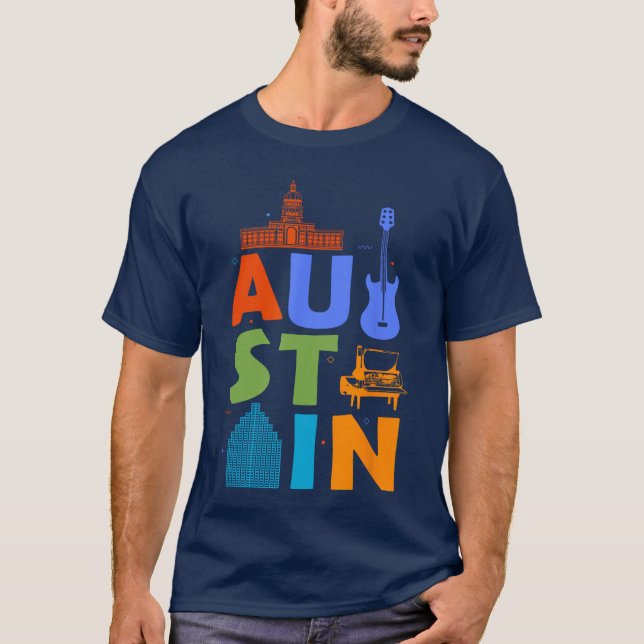 Austineas souvenirgitarr Music City Austin vän T Shirt (Framsida)