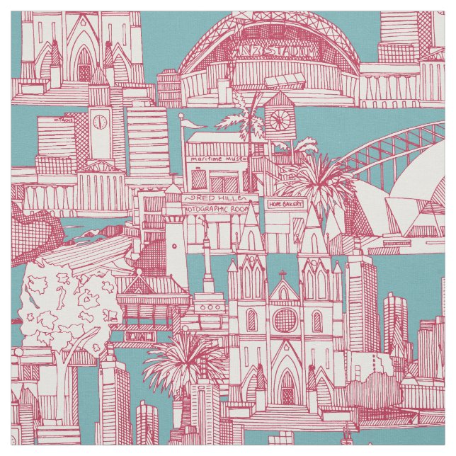 Australia toile de jouy viva magenta turquoise tyg (Provkarta)