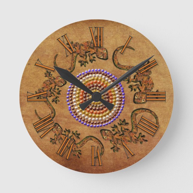 Australian Aboriginal Art med cirkel Geckos Rund Klocka (Framsida)