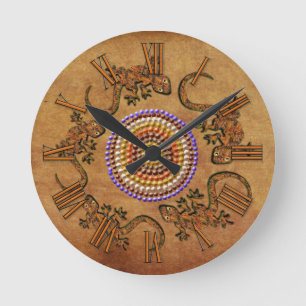 Australian Aboriginal Art med cirkel Geckos Rund Klocka