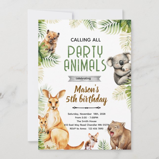Australian animal party invitation inbjudningar (Framsida)