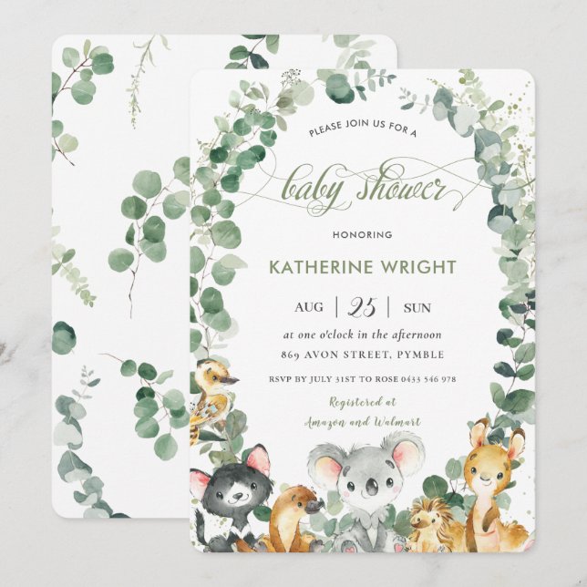 Australian Animals Eucalyptus Greenery Baby Shower Inbjudningar (Fram/baksida)