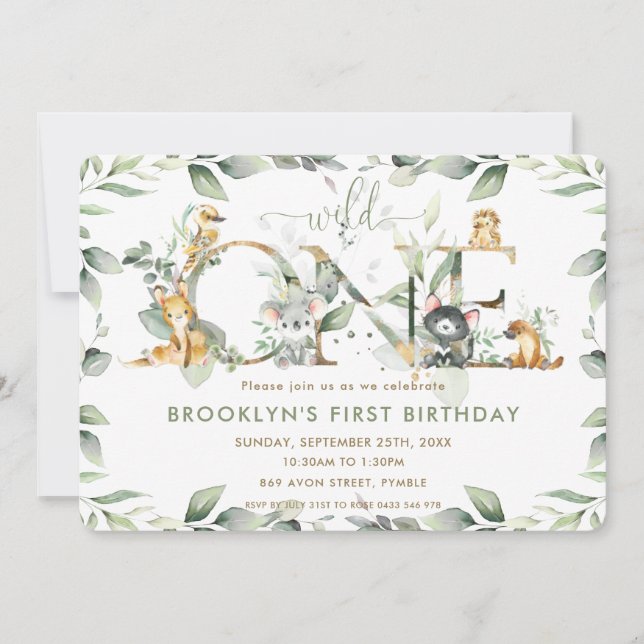 Australian Animals Greenery 1st Birthday Vild One Inbjudningar (Framsida)