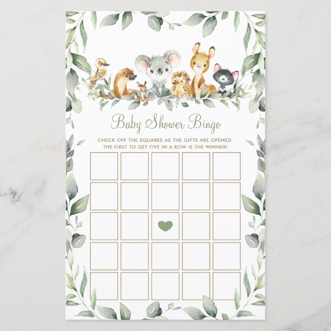 Australian Animals Greenery Baby Shower Bingo Game (Framsida)