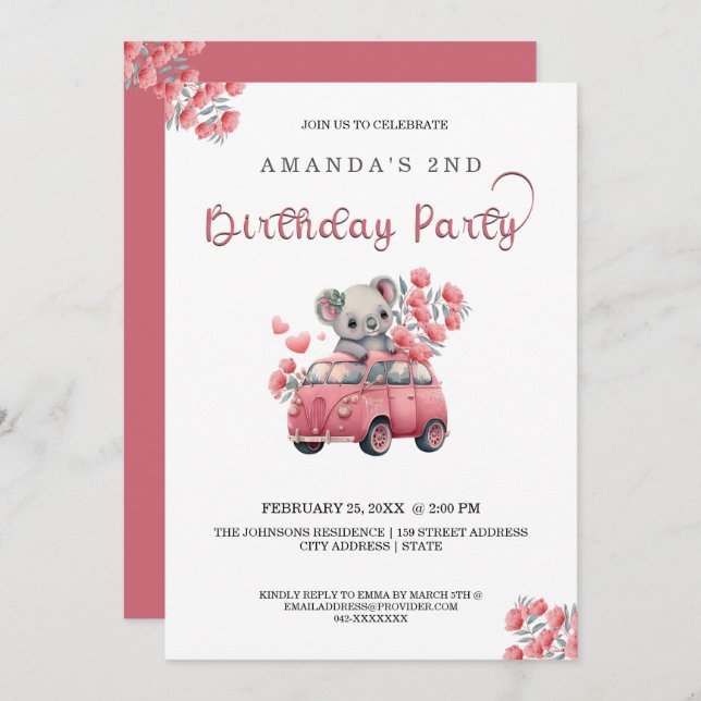 Australian Animals Koala Rosa BIRTHDAY Inbjudningar (Fram/baksida)