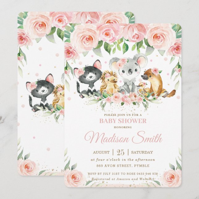 Australian Animals Rosa  Blommigt Baby Shower Inbjudningar (Fram/baksida)