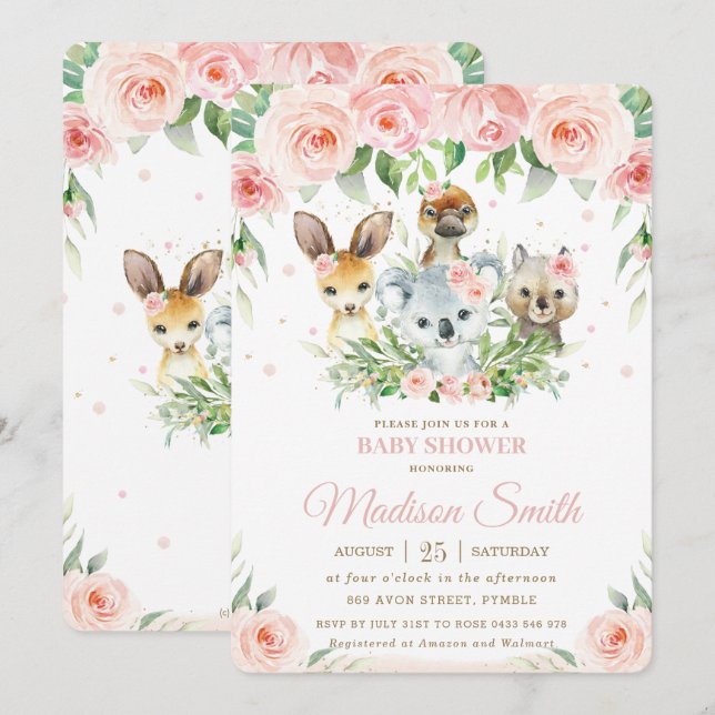Australian Animals Rosa  Blommigt Baby Shower Inbjudningar (Fram/baksida)