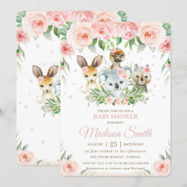 Australian Animals Rosa  Blommigt Baby Shower Inbjudningar