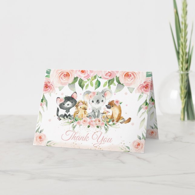 Australian Animals  Rosa Blommigt Baby Shower Tack Kort (Framsida)