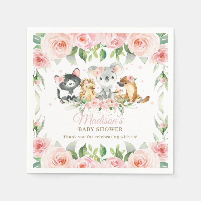 Australian Animals Rosa Blommigt Girl Baby Shower Pappersservett (Framsidan)
