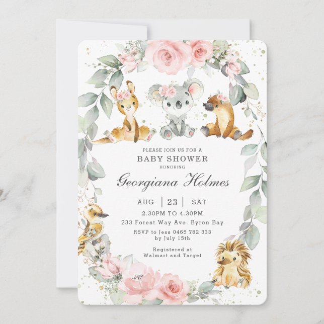 Australian Animals Rosa Blommigt Sage Baby Shower Inbjudningar (Framsida)