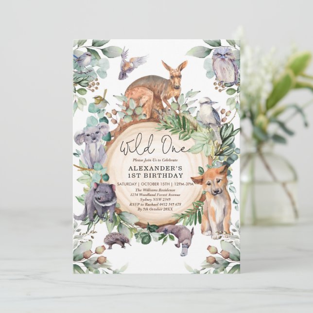 Australian Animals Vild One Greenery 1st Birthday Inbjudningar (Stående Fram)
