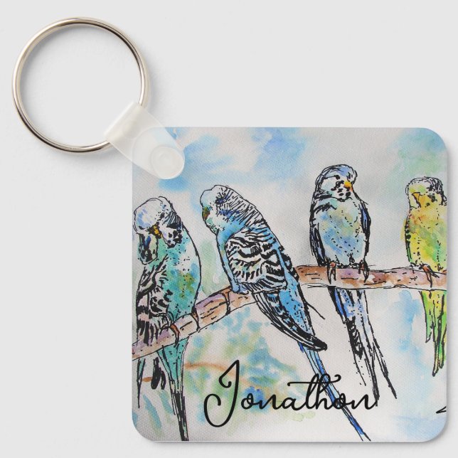 Australian Birds Budgie Watercolor Art Nyckelring (Framsida)