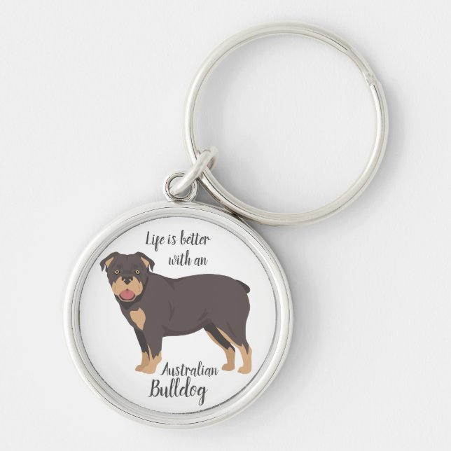 Australian Bulldog hund Rund Silverfärgad Nyckelring (Framsidan)