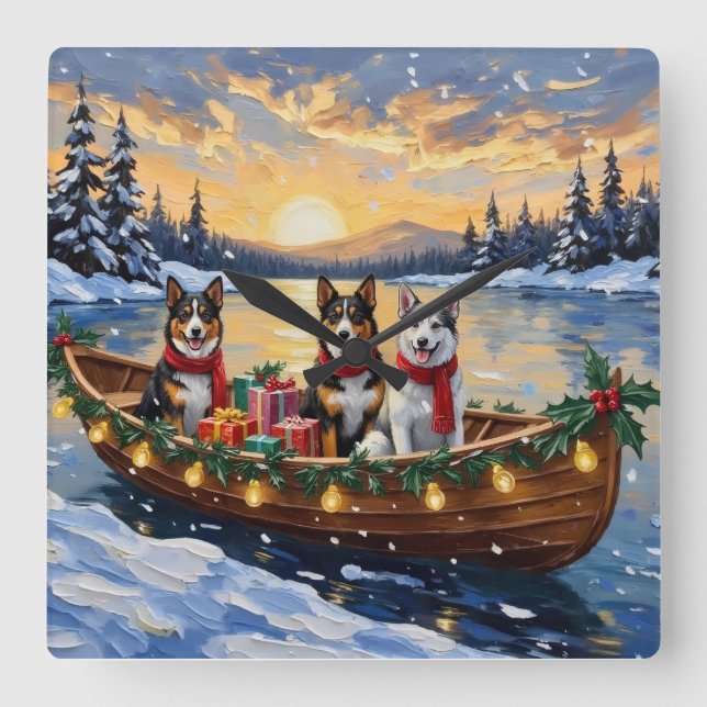 Australian Cattle Dog Christmas Boat Holiday Fyrkantig Klocka (Framsida)