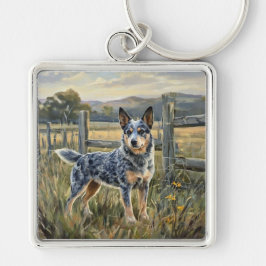 Australian Cattle Dog Fyrkantig Silverfärgad Nyckelring