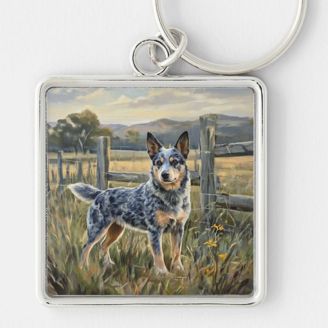 Australian Cattle Dog Fyrkantig Silverfärgad Nyckelring (Framsidan)