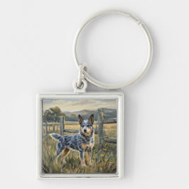 Australian Cattle Dog Fyrkantig Silverfärgad Nyckelring