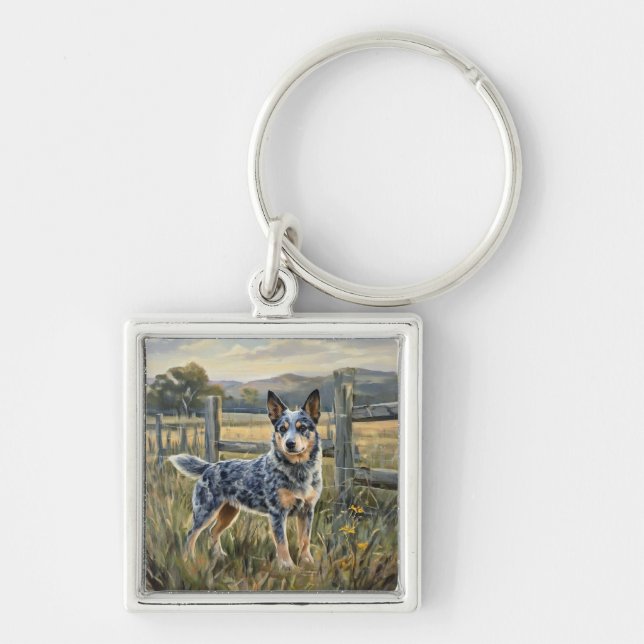 Australian Cattle Dog Fyrkantig Silverfärgad Nyckelring (Framsidan)