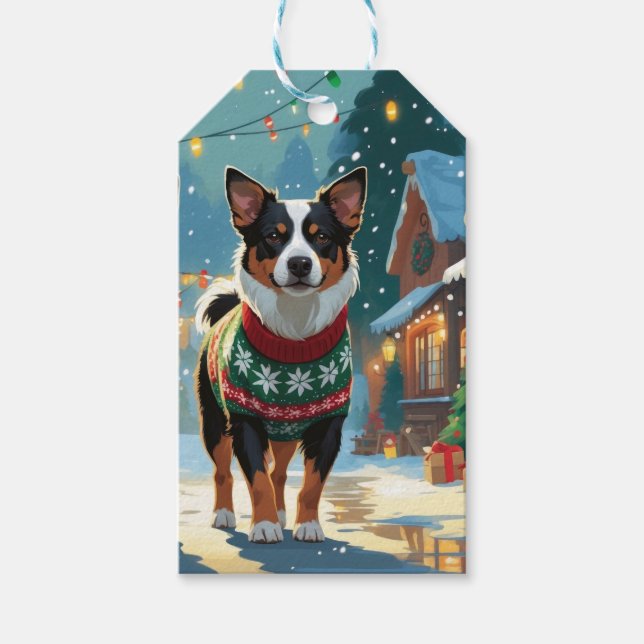 Australian Cattle Dog Jul Snö Holiday Presentetikett (Framsidan)