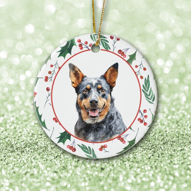 Australian Cattle Dog Red Berry Holly Border Julgransprydnad Keramik (Skapare uppladdad)
