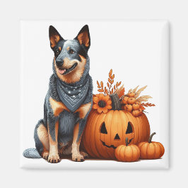 Australian Cattle Hund Beside a Jack-O-Lantern Magnet