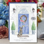 Australian Cattle Hund Flytta Announcement Postcar Vykort<br><div class="desc">Meddela din ny adress med vår snyggt-avisering med en australisk Hund i Cattle,  blå ytterdörr,  välkomstmat,  skifferskylt,  toparies och en blommigt-krans på en grått-tegelbakgrund.</div>