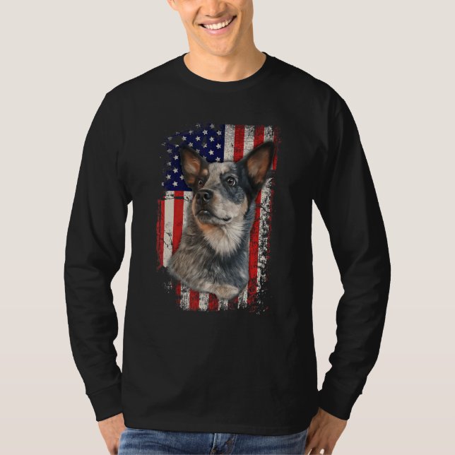 Australian Cattle Hund Patriotic American Flagga 4 T Shirt (Framsida)