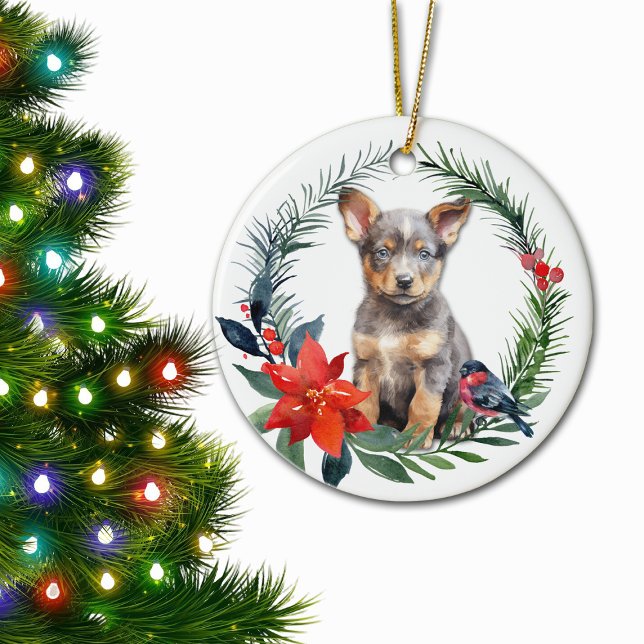 Australian Cattle Hund Puppy Watercolor Poinsettia Julgransprydnad Keramik (Skapare uppladdad)
