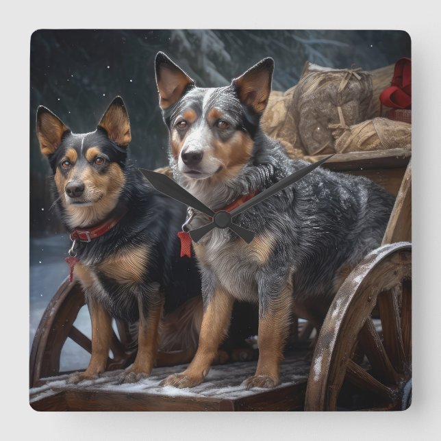 Australian Cattle Snowy Sleigh Juldekan Fyrkantig Klocka (Framsida)