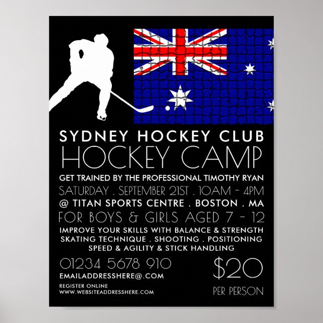 Australian Flagga, Hockey Player, Camp Advertising Poster (Framsidan)