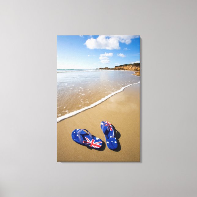 Australian Flagga thongs på Beach | Södra Wales Canvastryck (Framsida)