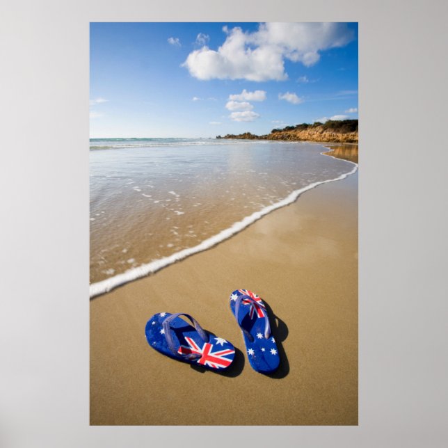 Australian Flagga thongs på Beach | Södra Wales Poster (Framsidan)