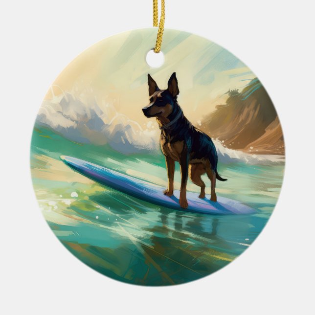 Australian Kelpie Beach Surfing Painting Julgransprydnad Keramik (Framsidan)