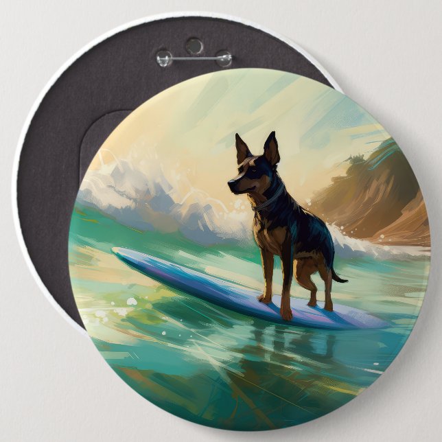 Australian Kelpie Beach Surfing Painting Knapp (Framsida & baksida)