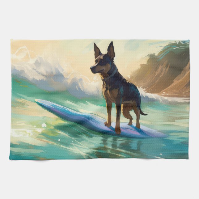 Australian Kelpie Beach Surfing Painting Kökshandduk (Horisontell)