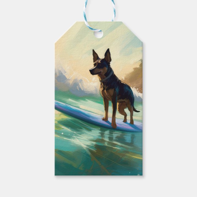 Australian Kelpie Beach Surfing Painting Presentetikett (Framsidan)