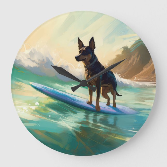 Australian Kelpie Beach Surfing Painting Stor Klocka (Framsida)